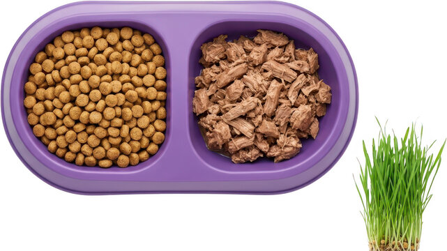 A purple pet food bowl filled with dry kibble and wet shredded meat sits next to a clump of vibrant green grass sprouts cat food dog food wet food pet bowl dual compartment
