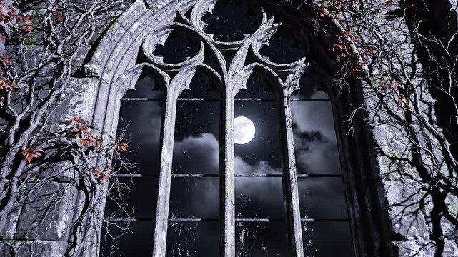 Full moon through gothic arched window of haunted stone castle