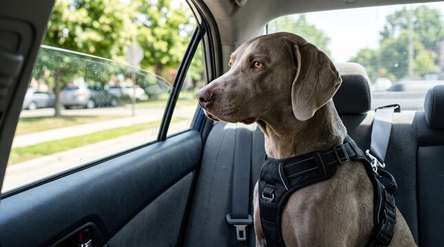Weimaraner dog looking out the window while riding in the back seat of a car