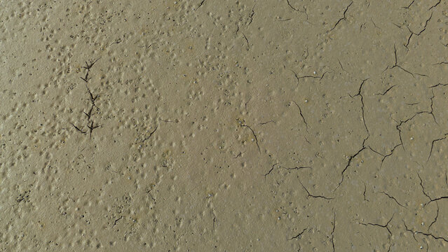 Aerial view of the dry, cracked earth and bird tracks at Apa Dam in Cumra, Konya, Turkiye.