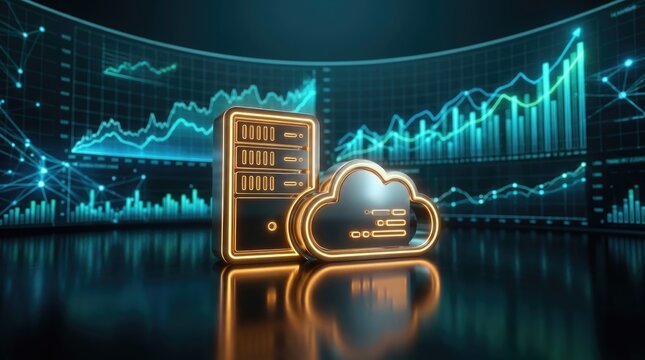 Glowing golden server and cloud computing symbol displayed against dynamic blue financial market data charts