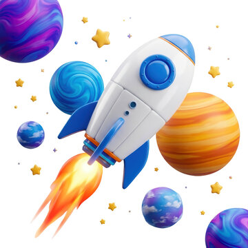 A whimsical white and blue rocket ship with bright orange flames blasts off amidst colorful planets and yellow stars in a cosmic scene spaceship space cosmos galaxy exploration