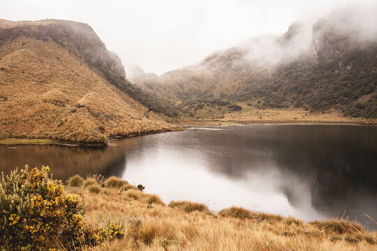 Coca Cayambe Reserve, Ecuador. October 10, 2023. Mist over the mirror. A paramo where mist drifts over towering peaks, turning the lake into a mirror.