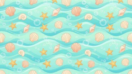 Seamless nautical pattern featuring various seashells and starfish floating on soft wavy blue ocean water