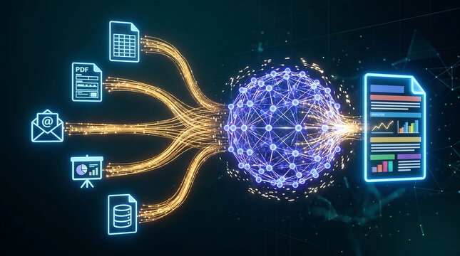 Business data analytics integration process showing various documents merging into final report with analytics integration business documents information workflow management corporate