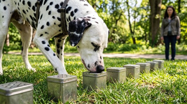 Dalmatian dog training by sniffing boxes on the grass in a sunny park
