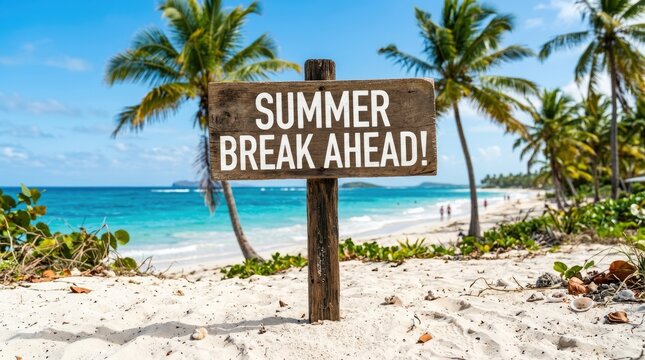Weathered wooden sign featuring white text announcing summer break ahead on a sunny tropical sandy beach