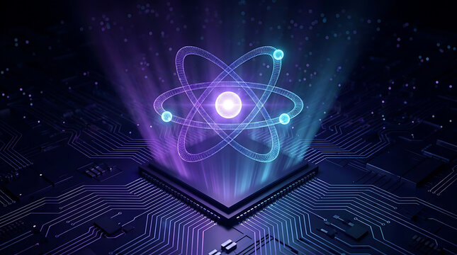 Digital atom model floating above computer motherboard showing quantum computing concept with computing technology motherboard processor particle abstract electronic hardware engineering