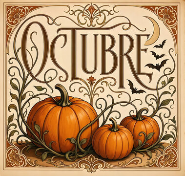 Texto de Octubre en estilo art nouveau con calabaza y ambiente oto&ntilde;al
