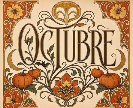 Texto de Octubre en estilo art nouveau con calabaza y ambiente oto&ntilde;al