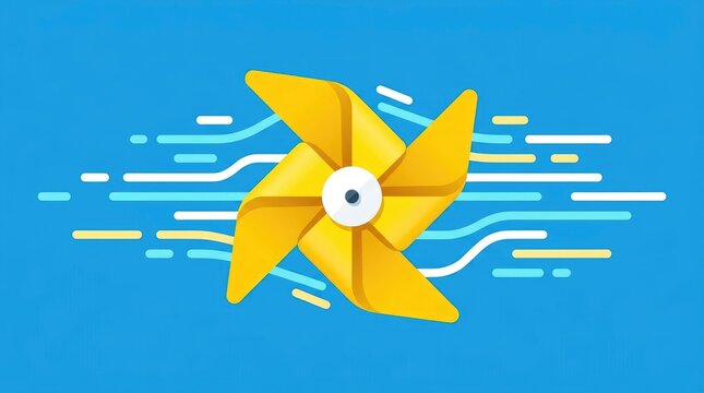 Bright yellow pinwheel toy spinning rapidly against vibrant blue background with stylized motion lines of wind