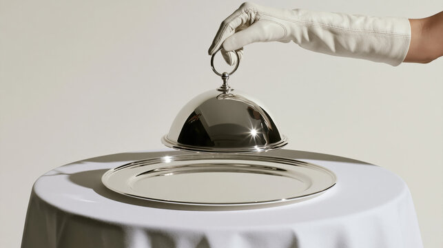 Luxury Silver Cloche Reveal with Elegant Ivory Gloved Hand