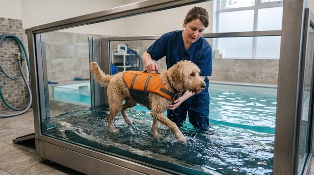 A golden retriever dog doing water treadmill physical therapy at a vet clinic