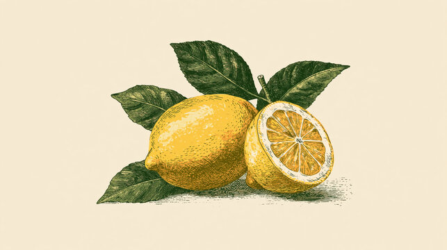 Vintage Half Lemon Botanical Citrus Fruit Illustration