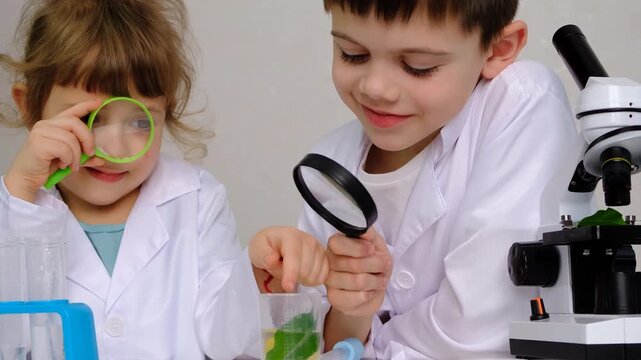 Laboratory examination of a child with test tubes, reagents and a microscope. Selective focus.