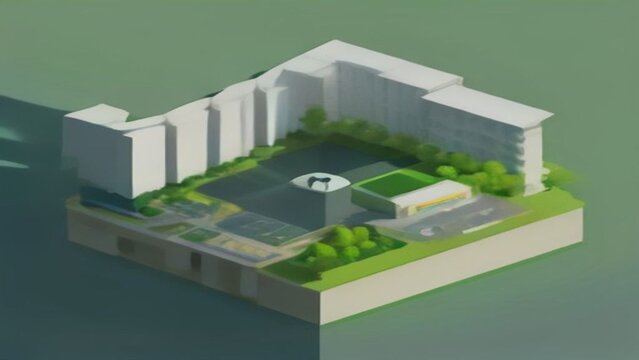 Modern isometric 3d render of a residential apartment complex with green courtyard and urban landscaping