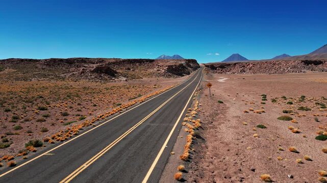 Aerial view of a road stretching through the arid Atacama Desert with a rhea warning sign and distant mountains under a clear blue sky in Antofagasta, Antofagasta, Chile.