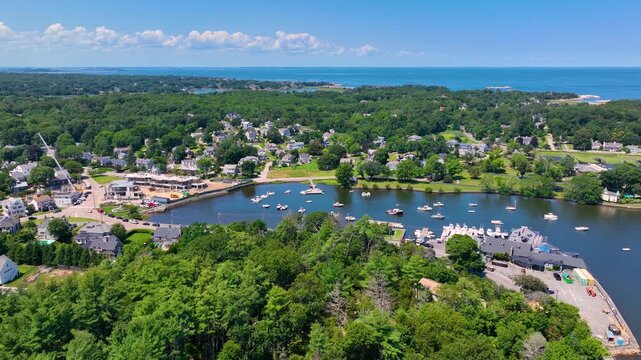 Aerial view of Cohasset Cove including fishing boat in the harbor and Bassing Beach in town of Cohasset, Massachusetts MA, USA. 