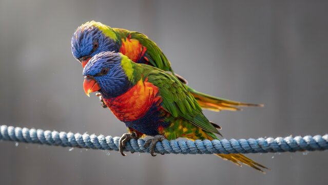 Two parrot illustration perched on rope vivid plumage blue heads green wings orange red chests tropical wildlife artwork closeup
