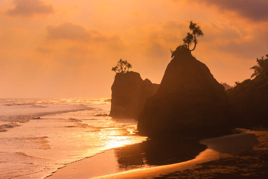 View of coastal rock formations with trees on top along the sandy beach at sunset in Lais, Bengkulu, Indonesia.