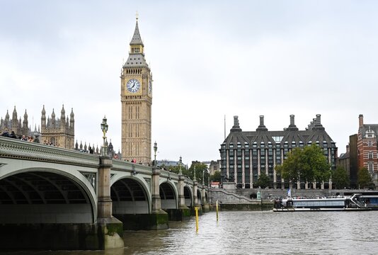 View of Big Ben and Westminster Bridge over the River Thames in London, England, United Kingdom.