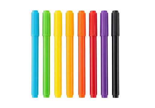 A set of eight colorful felt tip markers arranged in a row isolated on transparent background