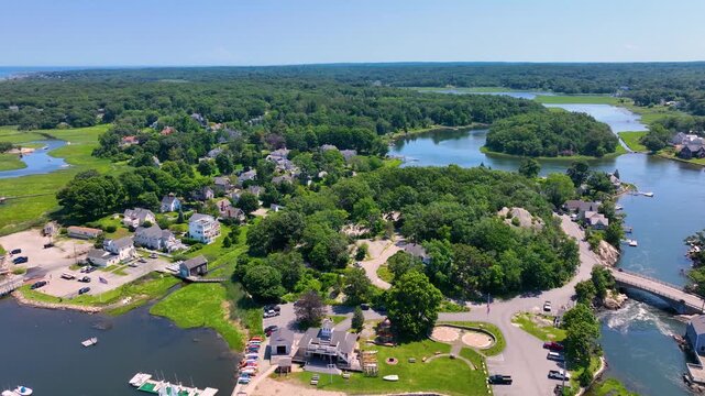 Cohasset Cove aerial view including fishing boat in the harbor in town of Cohasset, Massachusetts MA, USA. 
