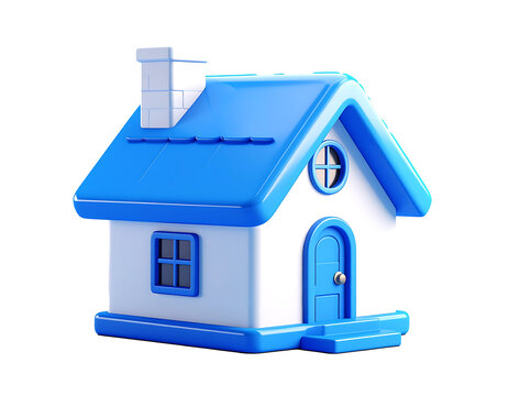 3D plastic cartoon style home icon glossy blue roofon transparent background
