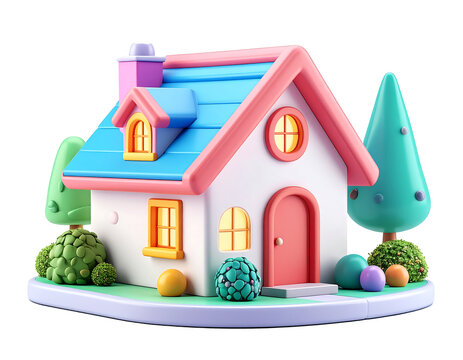 3D plastic cartoon style home icon isolated on transparent background and white background