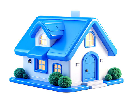 3D plastic cartoon style home icon glossy blue roofon transparent background and white background