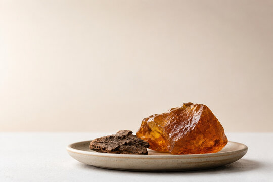 Amber resin piece and bark fragment on ceramic dish, studio banner with soft background, natural wellness and earthy spa concept