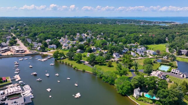 Cohasset Cove aerial view including fishing boat in the harbor in town of Cohasset, Massachusetts MA, USA. 