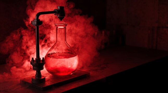 Rotavapor flask with red liquid and smoke in a dark laboratory
