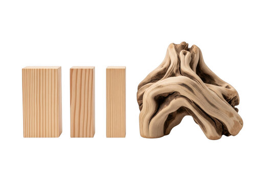 Three wooden blocks and a piece of driftwood isolated on transparent background