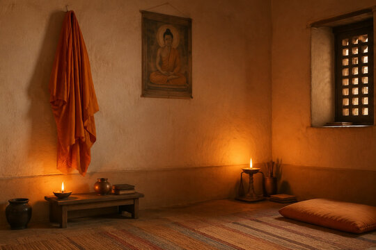 An Indian ashram room with an orange robe on the wall, lit by candlelight.