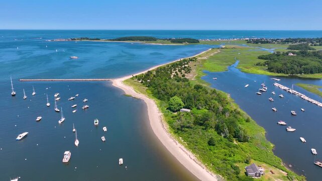 Aerial view of Cohasset Cove including fishing boat in the harbor and Bassing Beach in town of Cohasset, Massachusetts MA, USA. 