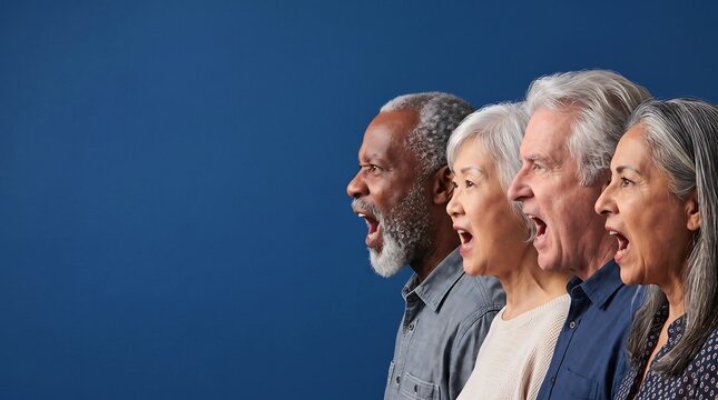 Diverse seniors shouting for stuttering awareness in profile