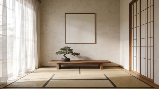 Minimalist Japanese interior with tatami mats and shoji screens.
