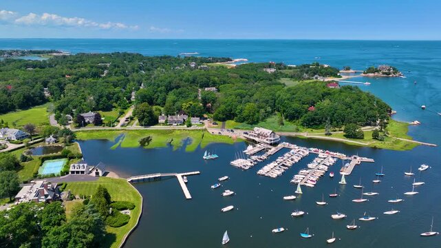 Cohasset Yacht Club at Cohasset Cove aerial view in the harbor in town of Cohasset, Massachusetts MA, USA. 
