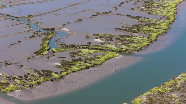 Aerial view of the tidal channels and salt marshes of Aveiro Lagoon in Aveiro District, Portugal.