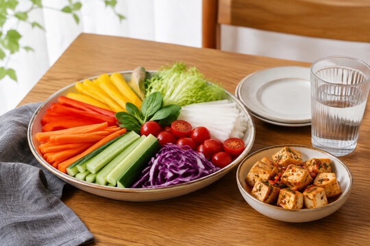 Dining table with platter of sliced raw vegetables and marinated tofu cubes, plant-based eating and clean healthy meal concept