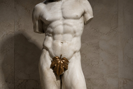 Classical marble sculpture of a male torso with bronze leaf covering.