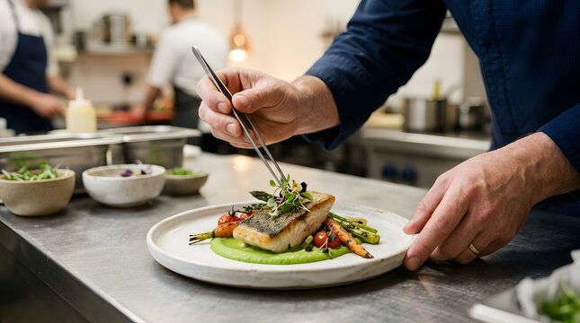 Professional chef hands using tweezers to plate gourmet fish fillet dish in high end commercial kitchen