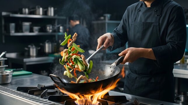 Asian restaurant chef tossing stir fry vegetables and meat in wok over open flames in commercial kitchen