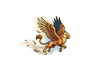 Fototapeta premium Majestic Golden Griffin Flying with Magical Glowing Trail and Feathers