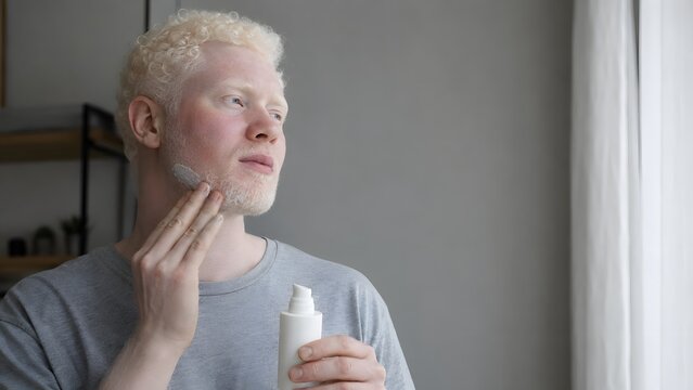 Young Man with Albinism Applying Daily Moisturizer on Jaw and Cheek Holding Pump Bottle