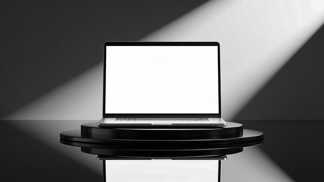 Open laptop on a glossy black surface with dramatic lighting.