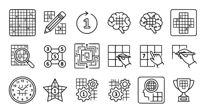 Sudoku Puzzle Icons Set: Brain, Logic, Numbers, Strategy, Competition, Game Elements