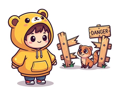 Cute Kid in Bear Hoodie with Ferret Near Danger Sign.