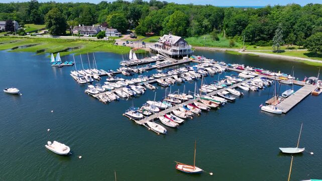 Cohasset Yacht Club at Cohasset Cove aerial view in the harbor in town of Cohasset, Massachusetts MA, USA. 
